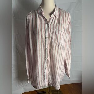 Fleur Bleue Linen Gold and Pink Button Down Shirt with Classic Stripes